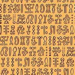 Seamless pattern gryph Rongorongo on Easter island  or Rapa Nui. Isolated vector cartoon undeciphered captions ancient peoples. Background with old texts. 