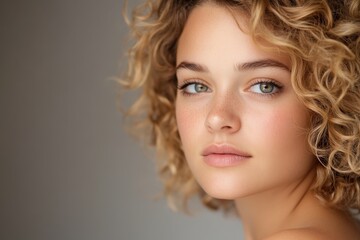 Fototapeta premium A Young Woman With Curly Hair Gazes Thoughtfully at the Camera in a Minimalist Studio Setting