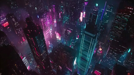 Fototapeta premium Aerial view futuristic background cityscape at night, cars neon lights, high-rise buildings, cyberpunk vibes, cinematic atmosphere urban city modern geometry lines stacked buildings purple blue