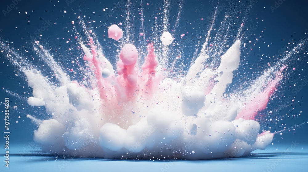 Poster a vibrant explosion of pink and white foam against a blue backdrop, creating a dynamic and playful v