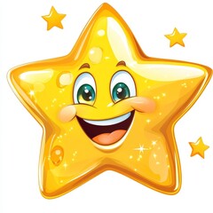 A cheerful yellow cartoon star with a wide smile and expressive eyes, surrounded by smaller stars, radiates happiness and a sense of whimsy and wonder.