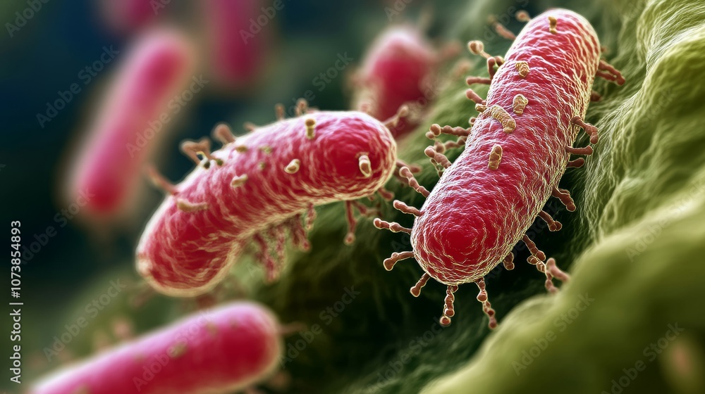 Poster this microscopic image highlights detailed pink bacteria with unique textures and patterns, offering