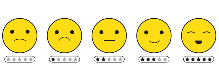 feedback emoji. emoticons set , rating scale of customer satisfaction rating with 5 levels ; good, medium, bad or happy smile, neutral, angry emojis - smiley icon set. vector illustration