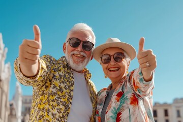 Happy Senior Couple on Vacation. Senior couple smiling and giving thumbs up, wearing sunglasses and bright clothing outdoors on a sunny day