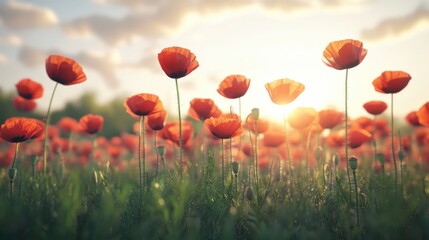 Obraz premium A vibrant field of red poppies blooming under a golden sunset, creating a serene and enchanting atmosphere.