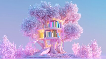 Enchanted Treehouse of Knowledge: A Vibrant 3D Render Filled with Books and Creative Tools