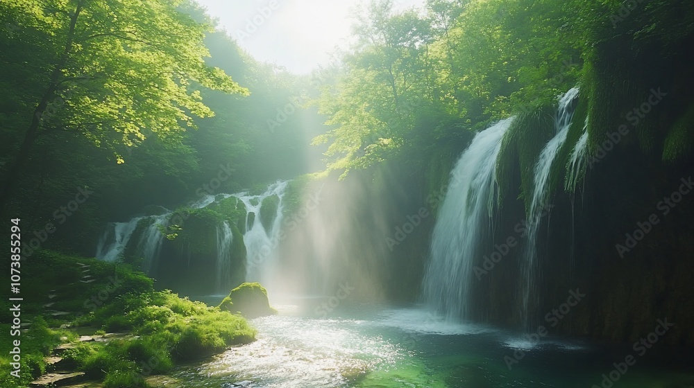 Poster sunlight streams through lush greenery and illuminates a cascading waterfall.