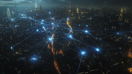 Fototapeta premium Smart digital Innovation city Business skyscrapers in the Financial District with connection network reciprocity over the cityscape. of future smart wireless digital city and social media networking