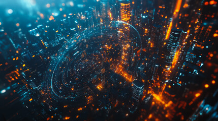 Obraz premium Smart digital Innovation city Business skyscrapers in the Financial District with connection network reciprocity over the cityscape. of future smart wireless digital city and social media networking