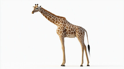 Obraz premium A realistic 3D render of a tall giraffe with detailed spots, bending its neck slightly, on a white background