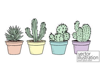 Set of cactus succulent plants. Home plants one line ink sketch flowers in a pot decorative houseplant. Contour outline vector illustration