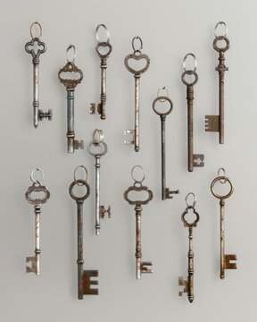 Various vintage keys are displayed against a neutral background. Concept of nostalgia and history. For antique-themed decor or design inspiration.