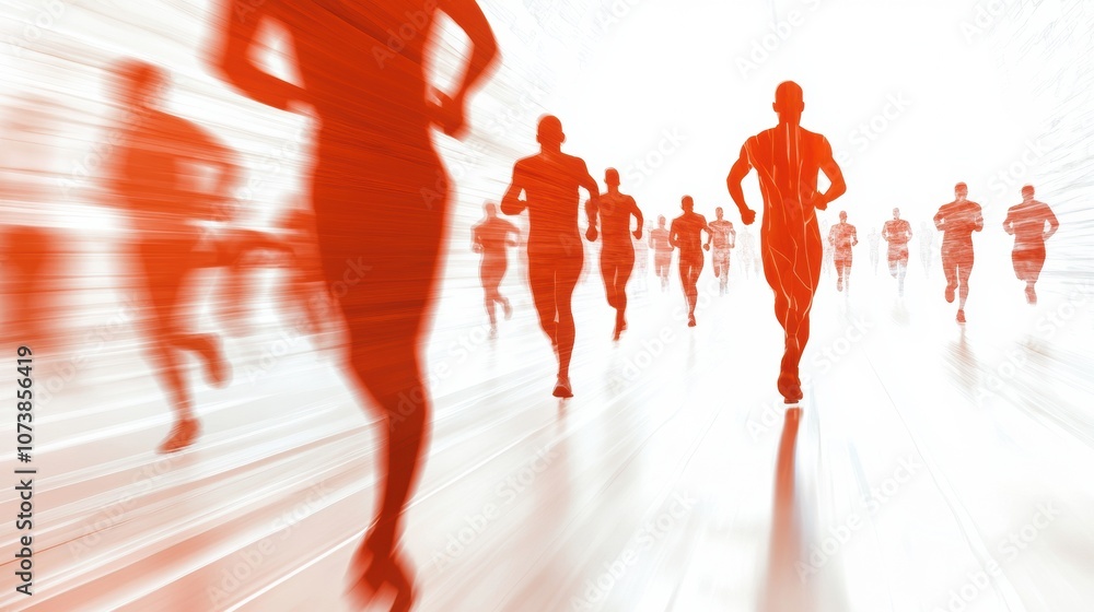 Poster silhouettes of runners create a dynamic scene, emphasizing speed and motion, ai