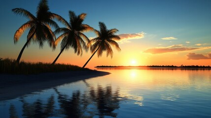 Serene sunset over a tranquil beach with silhouetted palm trees reflecting on the calm water.