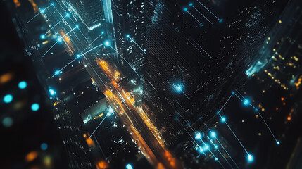 Obraz premium Smart digital Innovation city Business skyscrapers in the Financial District with connection network reciprocity over the cityscape. of future smart wireless digital city and social media networking