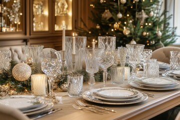 Elegant Christmas Decorations Made of Crystal on a Grand Dining Table