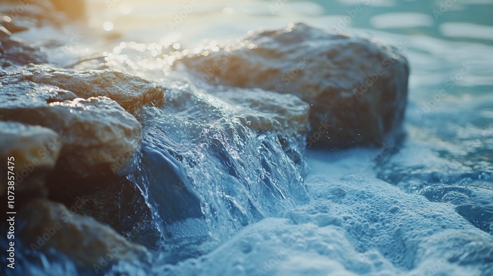 Poster close-up of a small waterfall cascading over rocks with sparkling water.