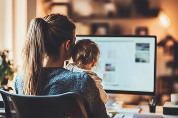 A mother works from home while holding her baby in a cozy, well-lit room during the morning hours. Generative AI