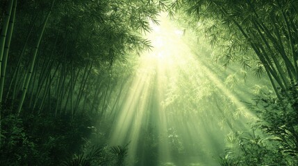 Obraz premium Serene bamboo grove with sunlight streaming through lush green foliage, creating a tranquil atmosphere.