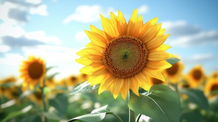 Obraz premium A vibrant sunflower stands tall amidst a field, showcasing its bright yellow petals under a blue sky.