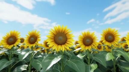Obraz premium A vibrant row of sunflowers under a bright blue sky, showcasing their cheerful yellow petals and green leaves.