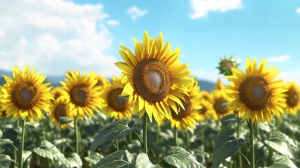 Fototapeta premium A vibrant field of sunflowers under a clear blue sky, showcasing their bright yellow petals in full bloom.
