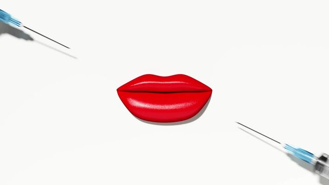 Filler injection in lips on white background, closeup. Lip augmentation, cosmetology concept. 3D animation, rendering.