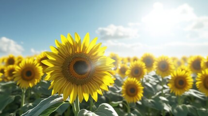Fototapeta premium A vibrant sunflower stands tall against a bright blue sky, surrounded by a field of blooming sunflowers.