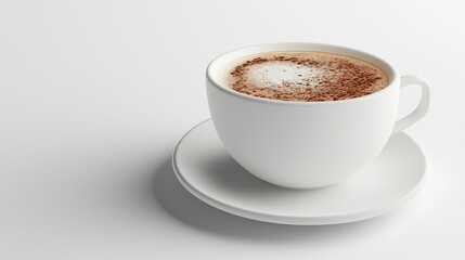 Fototapeta premium A soft 3D render of a steaming cup of coffee with a frothy top, sitting on a white saucer, on a white background