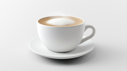 A soft 3D render of a steaming cup of coffee with a frothy top, sitting on a white saucer, on a white background