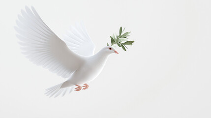 A soft 3D render of a white dove with an olive branch in its beak, flying gracefully on a white background