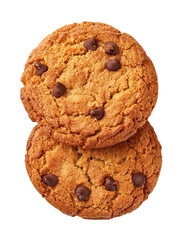 Two delicious chocolate chip cookies stacked on transparent background