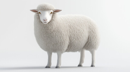 Obraz premium A soft 3D render of a woolly sheep with a thick white coat, standing with a calm demeanor on a white background