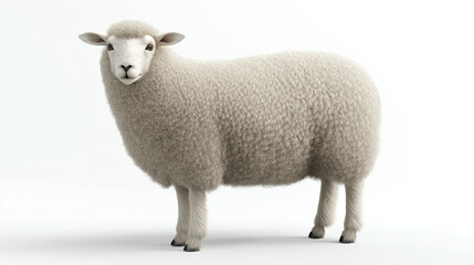 Obraz premium A soft 3D render of a woolly sheep with a thick white coat, standing with a calm demeanor on a white background