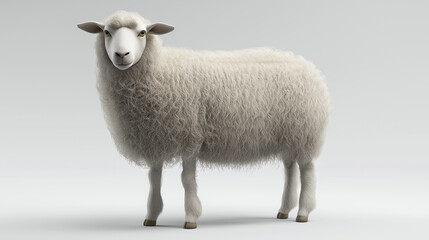 Naklejka premium A soft 3D render of a woolly sheep with a thick white coat, standing with a calm demeanor on a white background