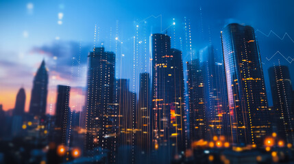Fototapeta premium Smart digital Innovation city Business skyscrapers in the Financial District with connection network reciprocity over the cityscape. of future smart wireless digital city and social media networking