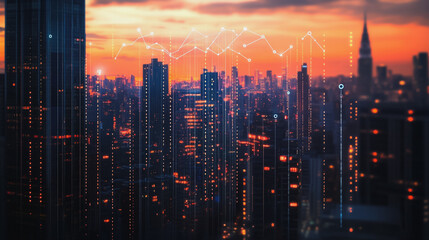 Fototapeta premium Smart digital Innovation city Business skyscrapers in the Financial District with connection network reciprocity over the cityscape. of future smart wireless digital city and social media networking