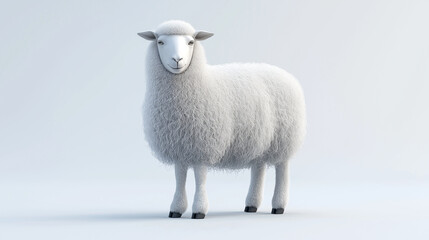 Fototapeta premium A soft 3D render of a woolly sheep with a thick white coat, standing with a calm demeanor on a white background