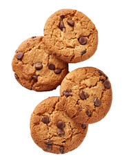 Four chocolate chip cookies falling on transparent background