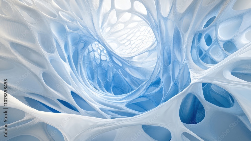 Poster The swirling lines form a captivating abstract structure, showcasing a blend of blue and white hues that evoke a futuristic ambiance. Generative AI