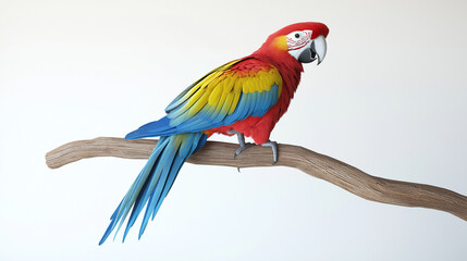 Fototapeta premium A vibrant 3D render of a colorful parrot perched on a branch, wings slightly open, on a white background