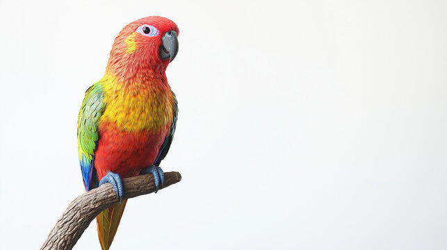 A vibrant 3D render of a colorful parrot perched on a branch, wings slightly open, on a white background