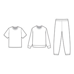 Sweatshirt, T-shirt, and Sweatpants Set Technical Flat Template for Fashion Design

