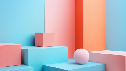 Obraz premium A minimalistic abstract composition featuring soft pastel-colored geometric blocks and a spherical shape against a serene background.