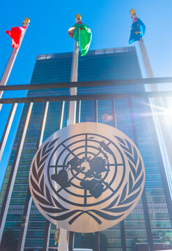 UN logo with some flags and the UN Building on the background