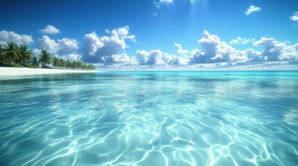 Obraz premium Tranquil blue ocean water under a bright sky with fluffy clouds, creating a serene tropical paradise feel.