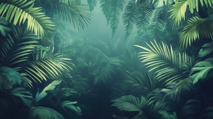 Lush green tropical foliage creating a serene, mysterious atmosphere in a dense jungle.