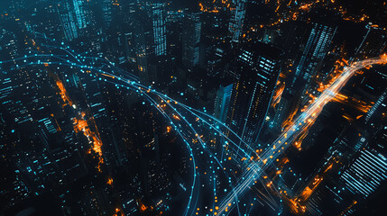 Fototapeta premium Smart digital Innovation city Business skyscrapers in the Financial District with connection network reciprocity over the cityscape at night time of future smart wireless social media networking