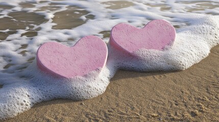 Fototapeta premium Two pink heart-shaped stones resting on a sandy beach, gently kissed by the ocean waves.