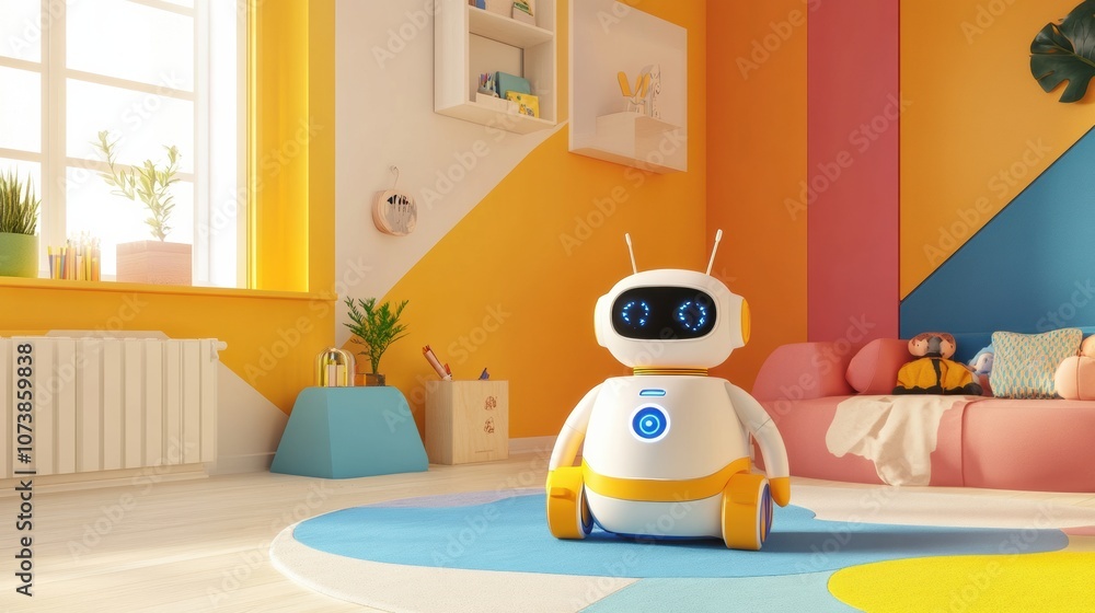 Aufkleber the room is bright and cheerful with friendly robots interacting playfully amidst colorful decoratio